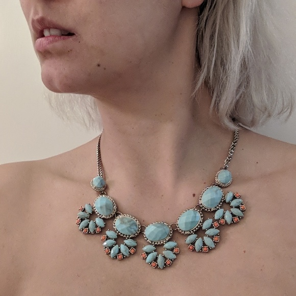 Faux Turquoise Gold Orange Statement Necklace - Picture 5 of 7